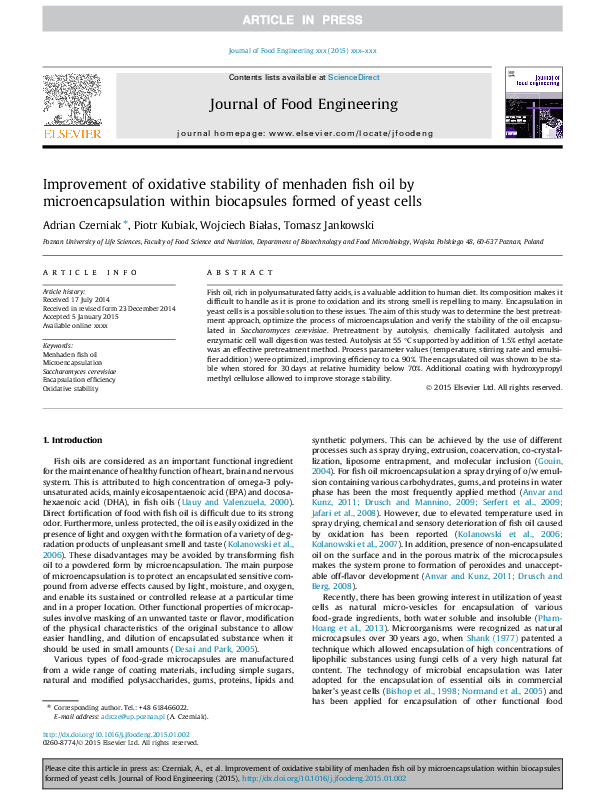 (PDF) Improvement of oxidative stability of menhaden fish oil by ...