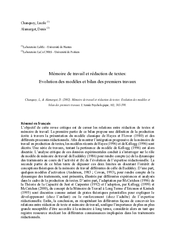 (PDF) Working memory and writing: Model evolution and research assessment