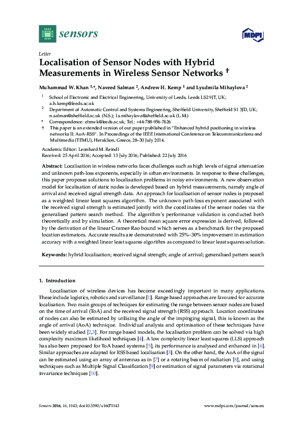 (PDF) Localisation of Sensor Nodes with Hybrid Measurements in Wireless ...