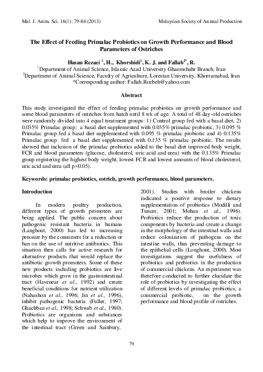 (PDF) The Effect of Feeding Primalac Probiotics on Growth Performance ...