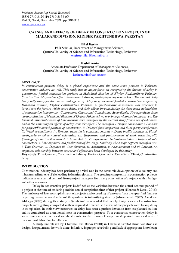 Pdf Causes And Effects Of Delay In Construction Projects Of Malakand