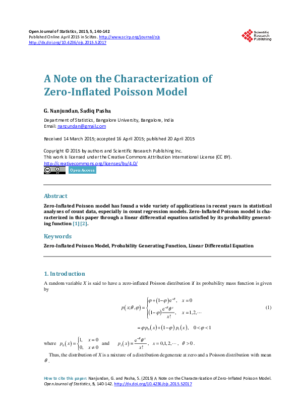 (PDF) A Note on the Characterization of Zero-Inflated Poisson Model
