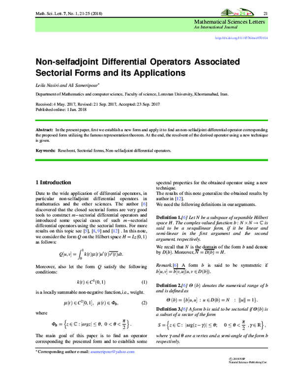 (PDF) Non-selfadjoint Differential Operators Associated Sectorial Forms ...