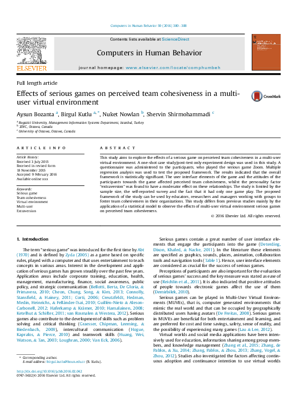 (PDF) Effects of serious games on perceived team cohesiveness in a ...