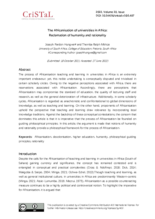 (PDF) The Africanisation of universities in Africa: Reclamation of ...
