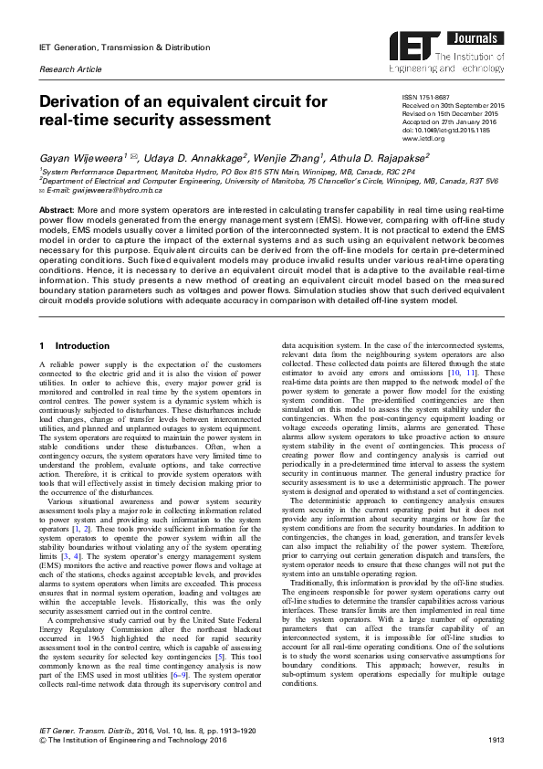 (PDF) Derivation of an Equivalent Circuit for Real-time Security Assessment