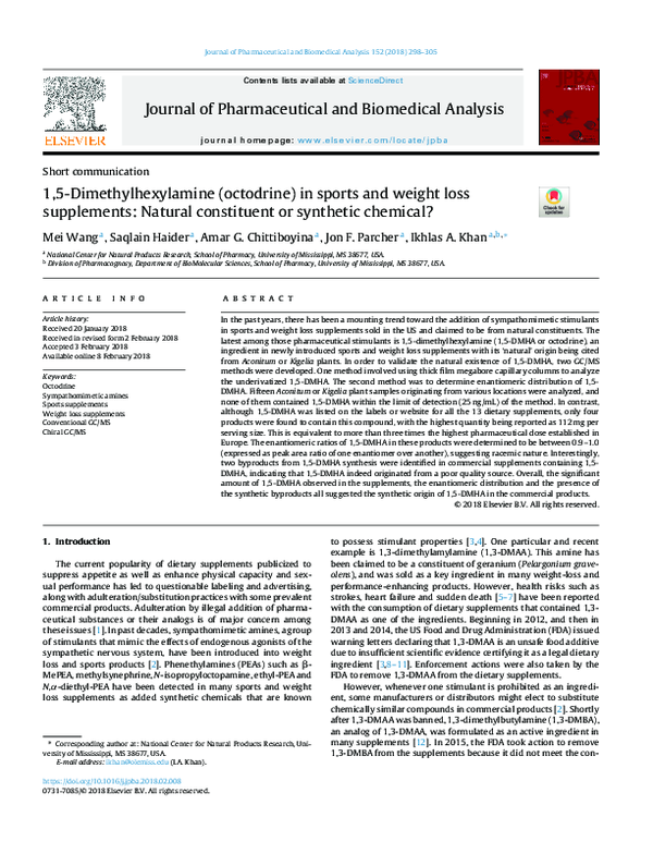 (PDF) 1,5-Dimethylhexylamine (octodrine) in sports and weight loss ...