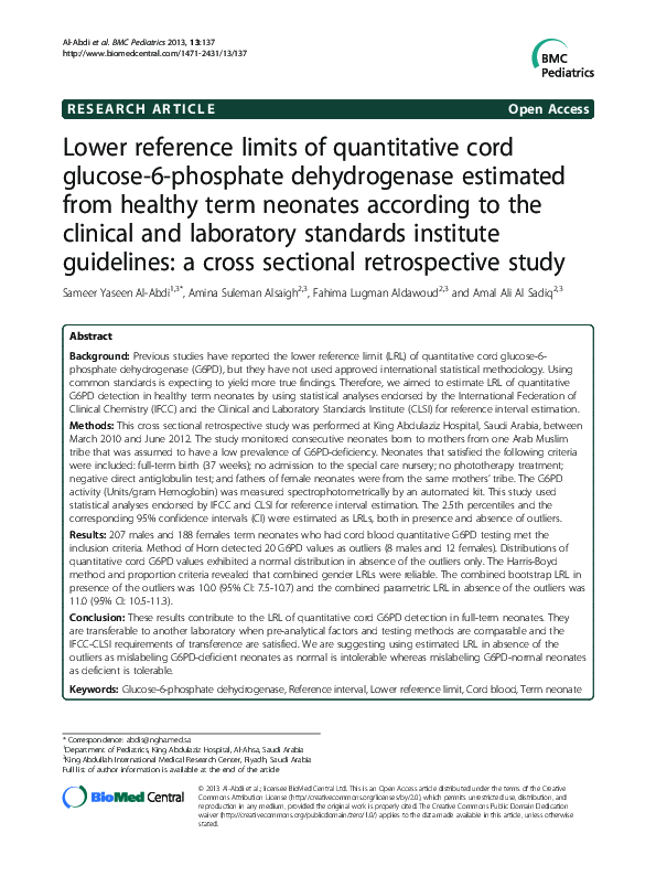 (PDF) Lower reference limits of quantitative cord glucose6phosphate