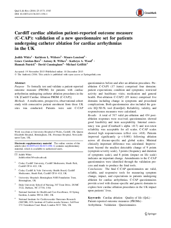 Cardiff cardiac ablation patient-reported outcome measure (C-CAP): validation of a new questionnaire set for patients undergoing catheter ablation for cardiac arrhythmias in the UK