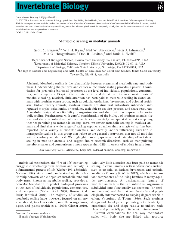 (PDF) Metabolic scaling in modular animals