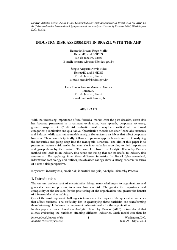 (PDF) Industry Risk Assessment in Brazil With the AHP