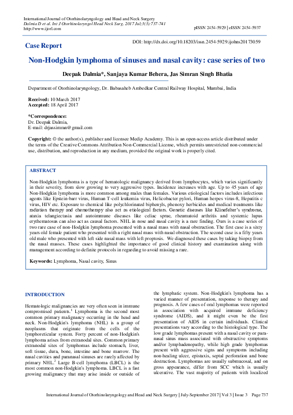 (PDF) NonHodgkin's lymphoma of nasal cavity and paranasal sinuses. A