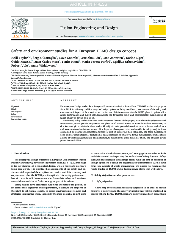 (PDF) Safety and environment studies for a European DEMO design concept