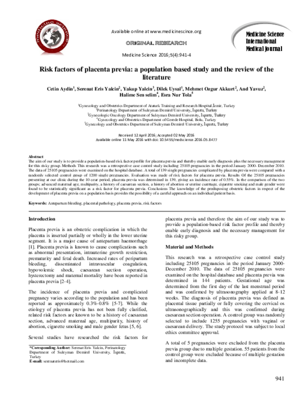 (PDF) Risk factors of placenta previa: a population based study and the ...