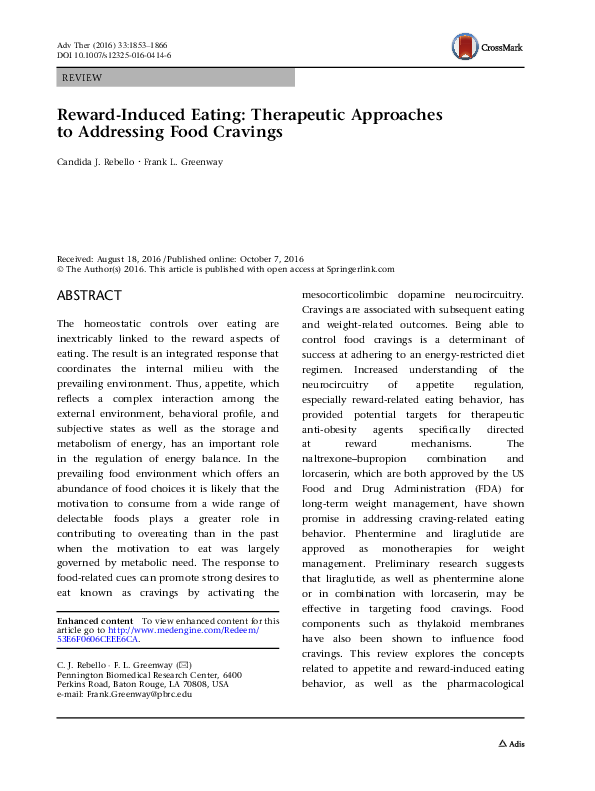 (PDF) Reward-Induced Eating: Therapeutic Approaches to Addressing Food ...
