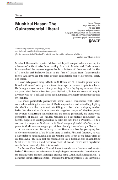 (PDF) Mushirul Hasan: The Quintessential Liberal