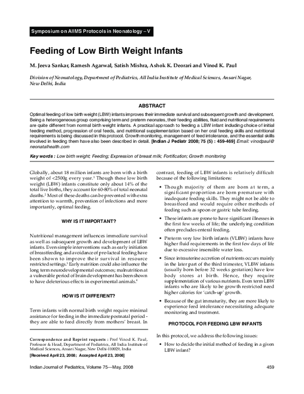 (PDF) Feeding of low birth weight infants
