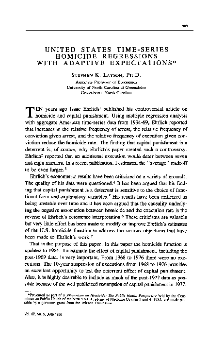 United States time-series homicide regressions with adaptive expectations
