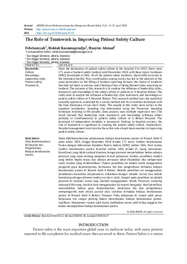 (PDF) The Role Of Teamwork In Improving Patient Safety Culture