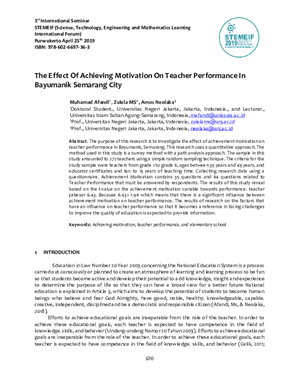 (PDF) The Effect Of Achieving Motivation On Teacher Performance In ...