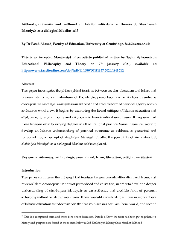 (PDF) Authority, autonomy and selfhood in Islamic education ...