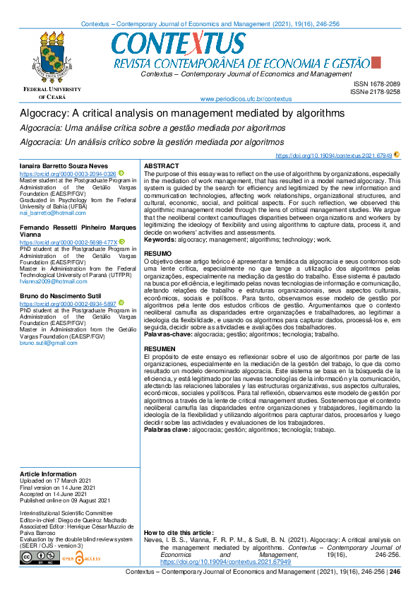 (PDF) Algocracia: Uma análise crítica sobre a gestão mediada por algoritmos