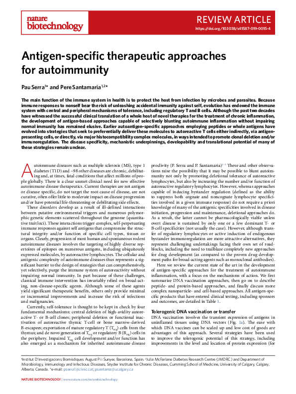 (PDF) Antigen-specific therapeutic approaches for autoimmunity