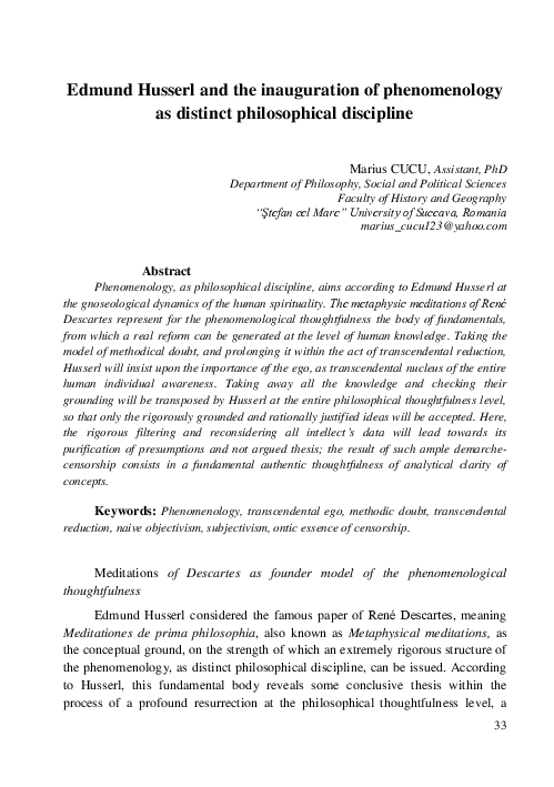 (PDF) Edmund Husserl and the inauguration of phenomenology as distinct ...