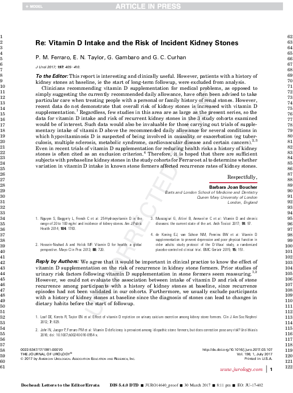 (PDF) Re: Vitamin D Intake and the Risk of Incident Kidney Stones
