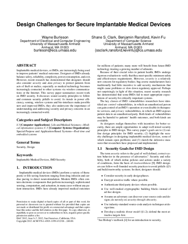 (PDF) Design challenges for secure implantable medical devices
