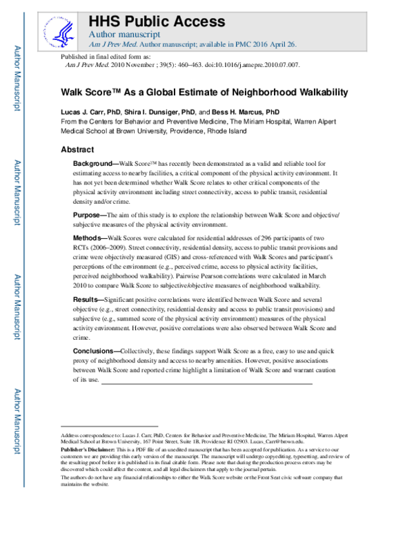 (PDF) Walk Score™ As a Global Estimate of Neighborhood Walkability