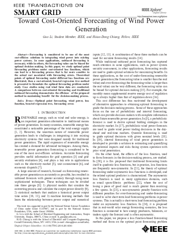 (PDF) Toward Cost-Oriented Forecasting of Wind Power Generation