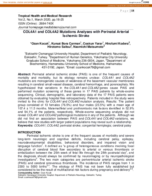 (PDF) COL4A1 and COL4A2 Mutations Analyses with Perinatal Arterial ...