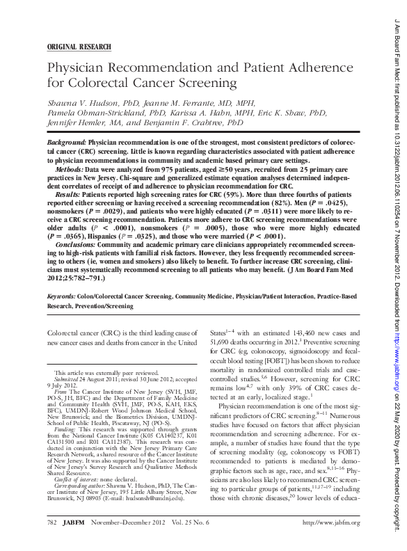 (PDF) Physician and Patient Adherence for Colorectal
