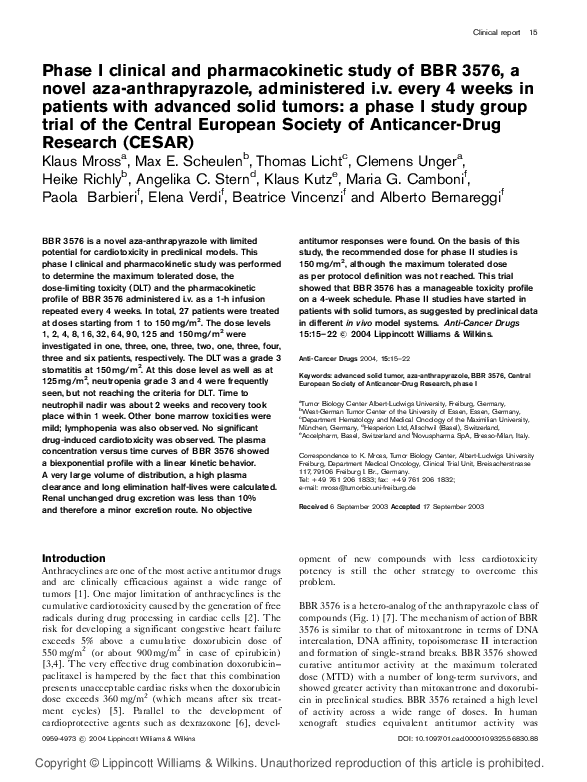 (PDF) Phase I clinical and pharmacokinetic study of BBR 3576, a novel ...