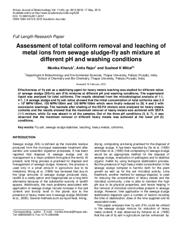 (PDF) Assessment of total coliform removal and leaching of metal ions ...