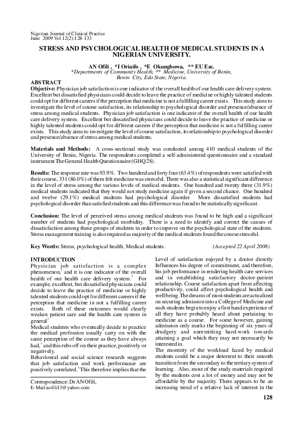 (PDF) Stress and psychological health of medical students in a Nigerian ...