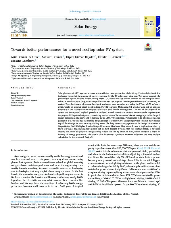 (PDF) Towards better performances for a novel rooftop solar PV system