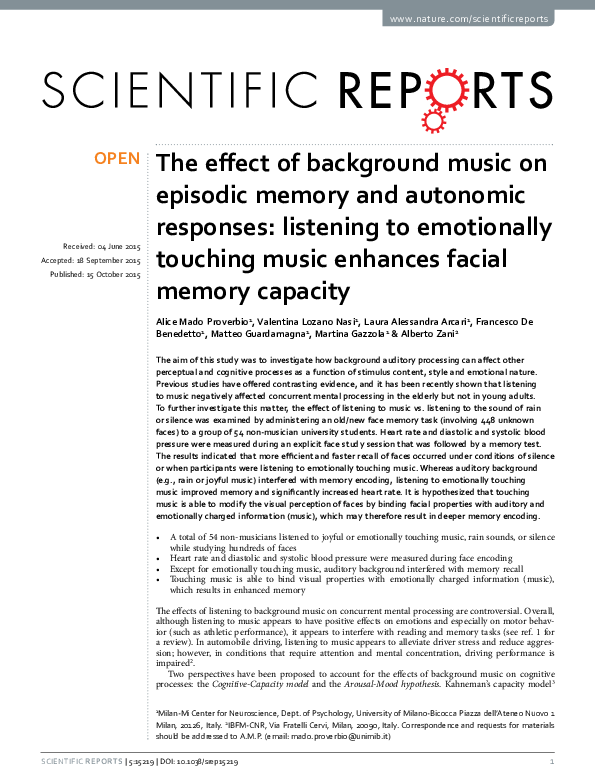 (PDF) The effect of background music on episodic memory and autonomic ...