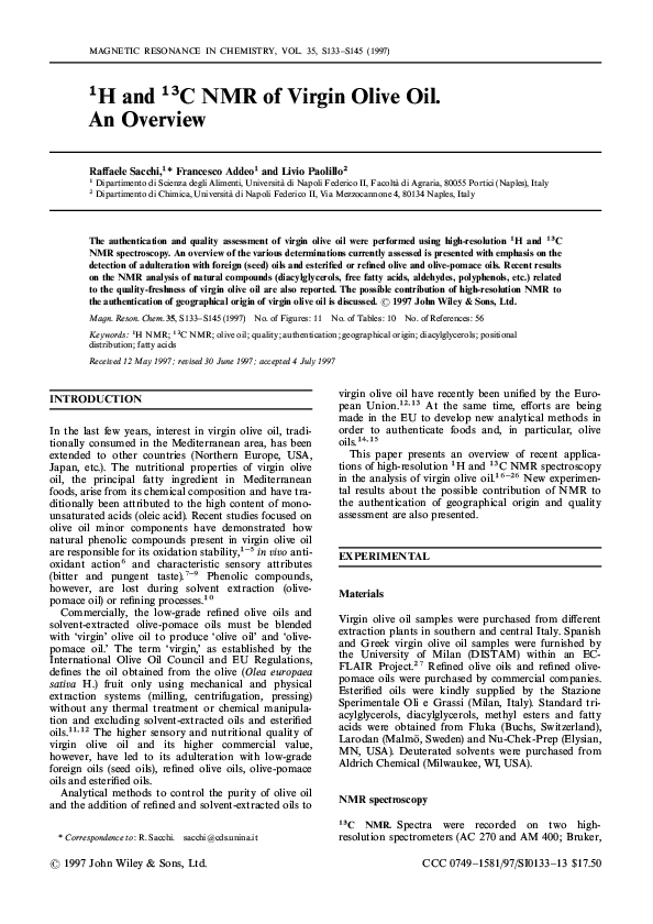 (PDF) 1H and13C NMR of virgin olive oil. An overview