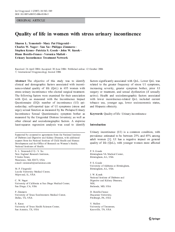 (PDF) Quality of life in women with stress urinary incontinence