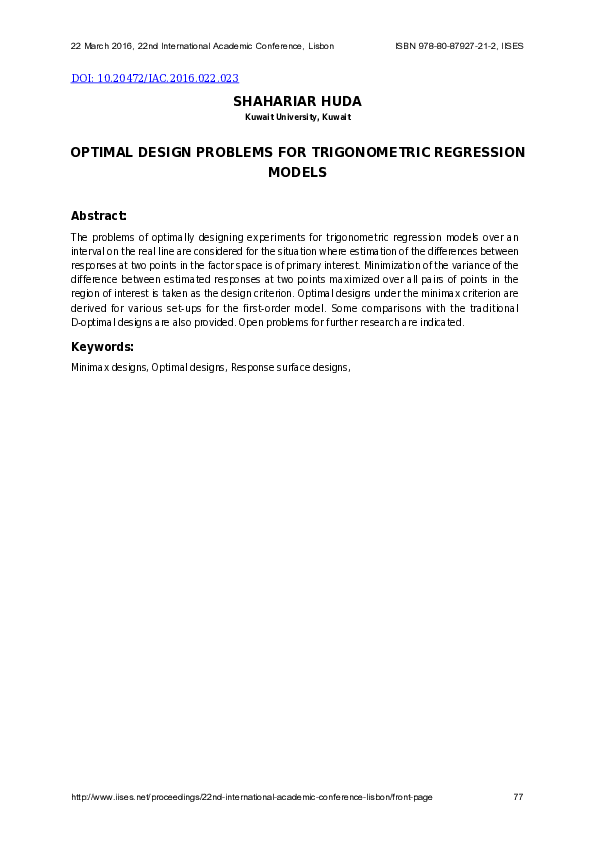 (PDF) Optimal Design Problems for Trigonometric Regression Models
