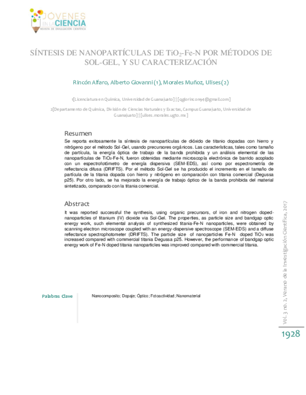 (PDF) SÍNTESIS DE NANOPARTÍCULAS DE TiO2-Fe-N POR MÉTODOS DE SOL-GEL, Y ...