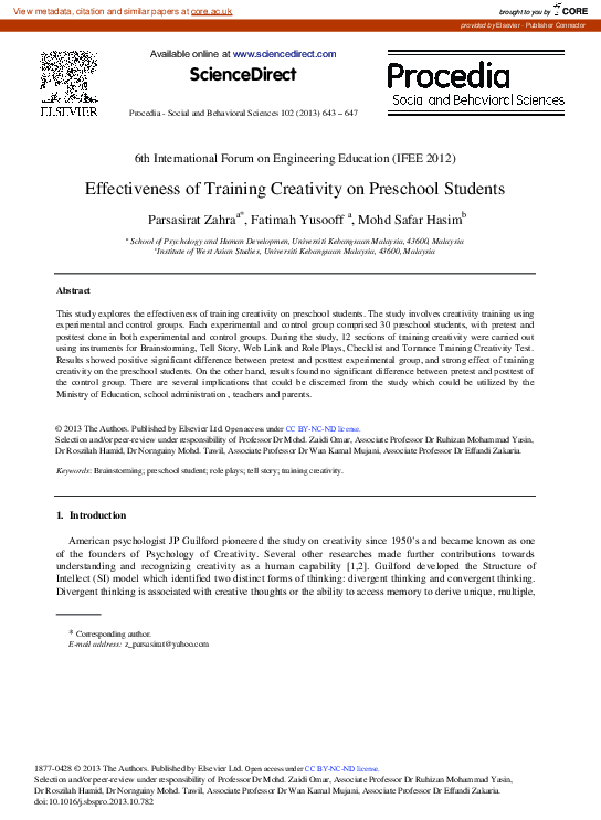 (PDF) Effectiveness of Training Creativity on Preschool Students