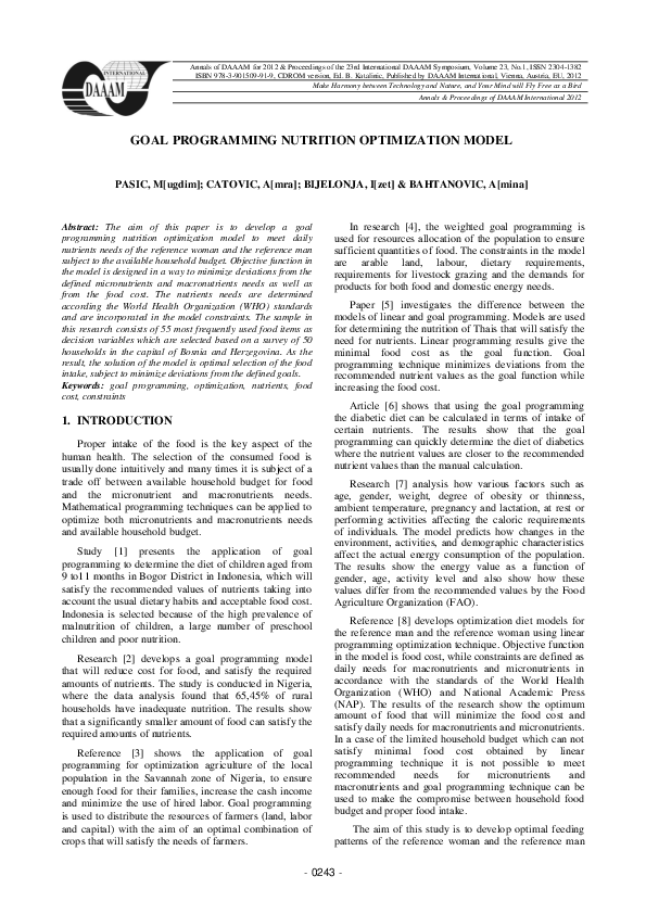 Goal Programming Nutrition Optimization Model