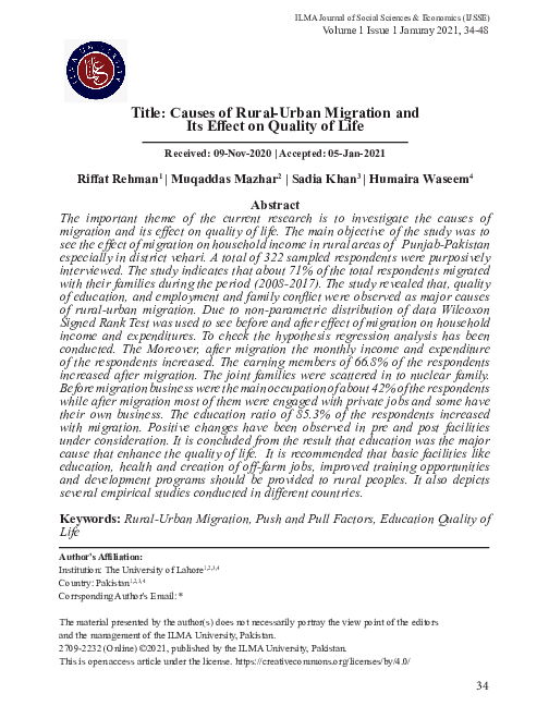 (PDF) Causes of Rural-Urban Migration and Its Effect on Quality of Life
