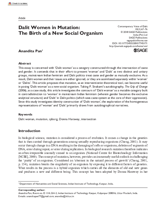 (PDF) Dalit Women in Mutation: The Birth of a New Social Organism