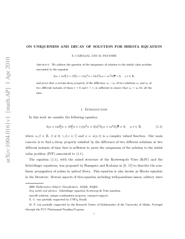 (PDF) On uniqueness and decay of solution for Hirota equation