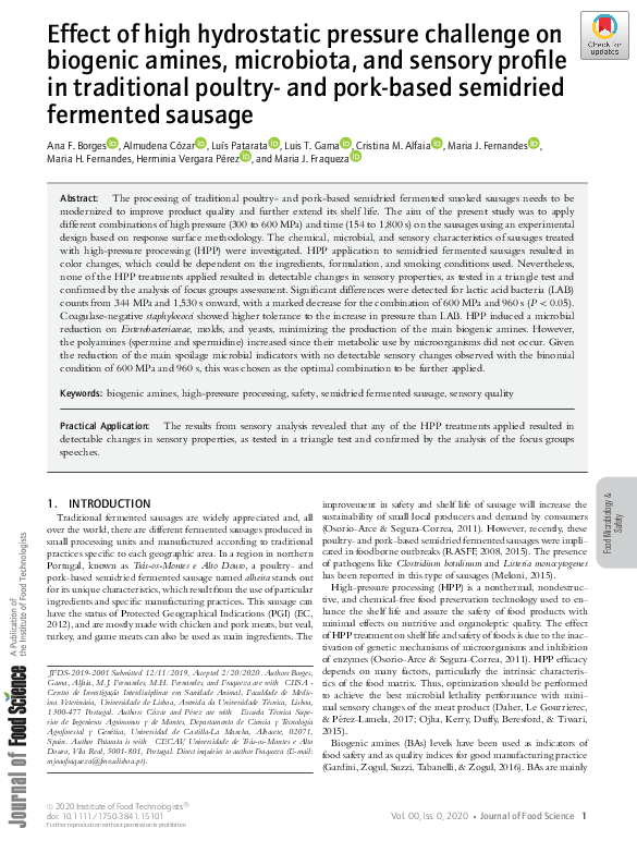 (PDF) Effect of high hydrostatic pressure challenge on biogenic amines ...
