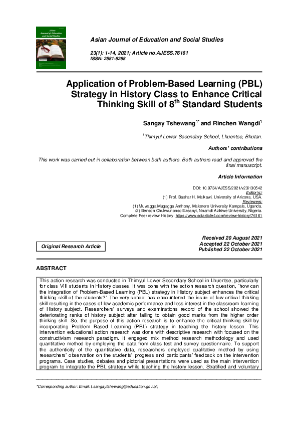 (PDF) Application of Problem-Based Learning (PBL) Strategy in History ...